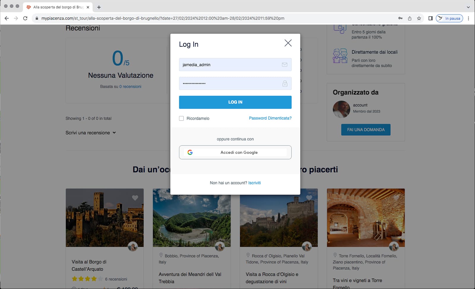 piattaforma turismo - login